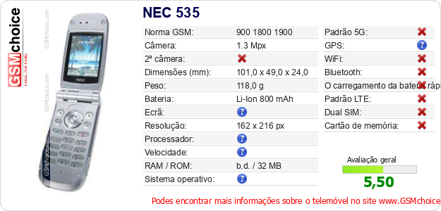 NEC 535 Especificações técnicas do telemóvel 