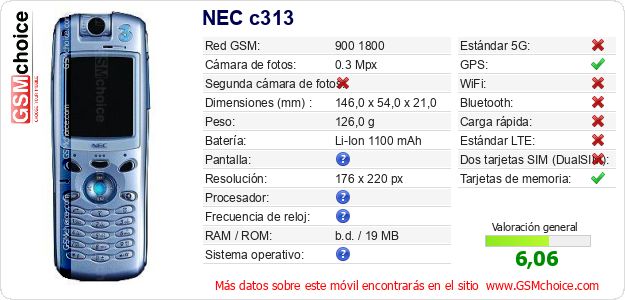 NEC c313 Datos técnicos del móvil 