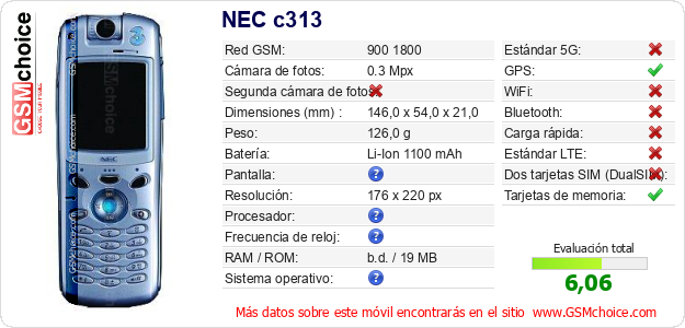 NEC c313 Datos técnicos del móvil NEC c313 Datos técnicos del móvil