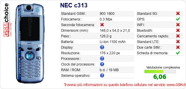 NEC c313 Dati tecnici di telefono cellulare NEC c313 Dati tecnici di telefono cellulare
