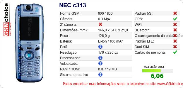 NEC c313 Especificações técnicas do telemóvel 