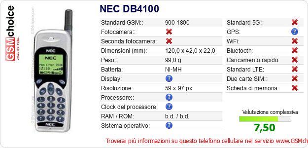 NEC DB4100 Dati tecnici di telefono cellulare 