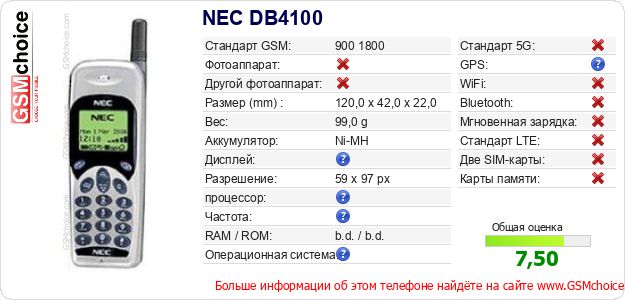 NEC DB4100 Технические данные телефона NEC DB4100 Технические данные телефона