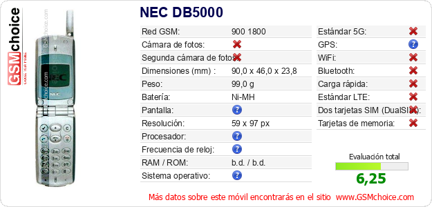 NEC DB5000 Datos técnicos del móvil NEC DB5000 Datos técnicos del móvil