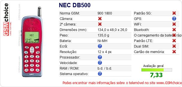 NEC DB500 Especificações técnicas do telemóvel NEC DB500 Especificações técnicas do telemóvel