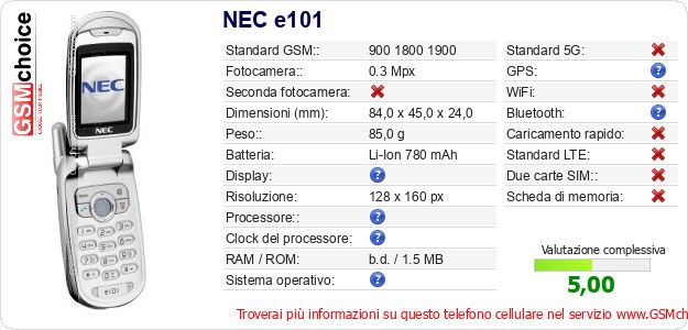 NEC e101 Dati tecnici di telefono cellulare NEC e101 Dati tecnici di telefono cellulare