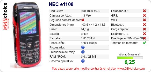 NEC e1108 Datos técnicos del móvil NEC e1108 Datos técnicos del móvil