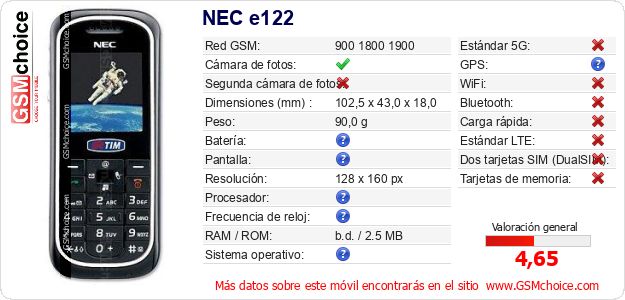 NEC e122 Datos técnicos del móvil NEC e122 Datos técnicos del móvil