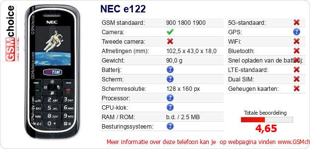NEC e122 Technische gegevens NEC e122 Technische gegevens