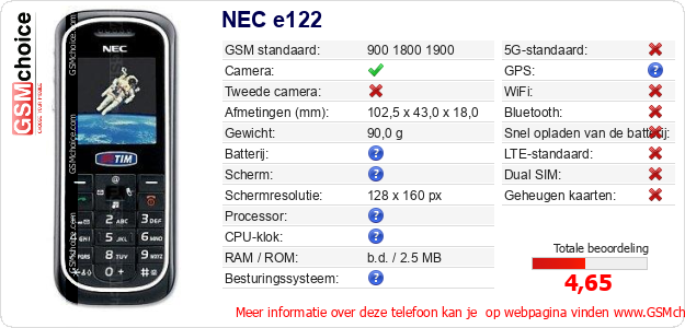NEC e122 Technische gegevens NEC e122 Technische gegevens