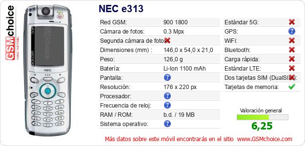 NEC e313 Datos técnicos del móvil NEC e313 Datos técnicos del móvil