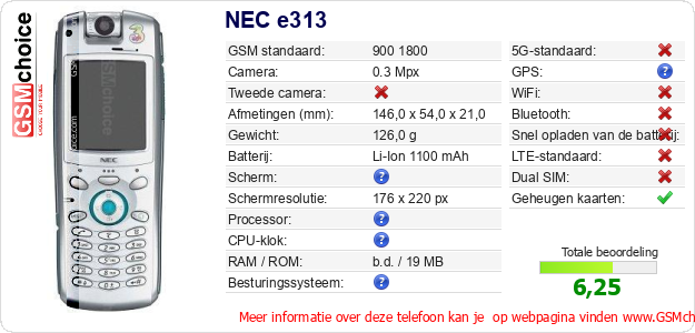 NEC e313 Technische gegevens NEC e313 Technische gegevens