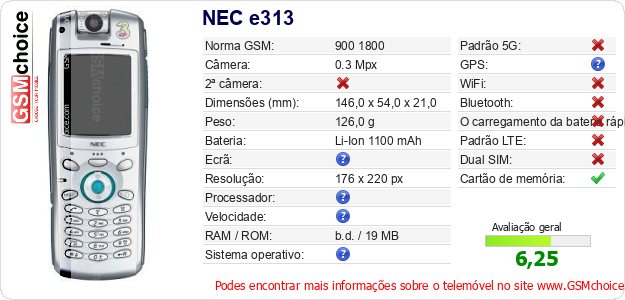NEC e313 Especificações técnicas do telemóvel 