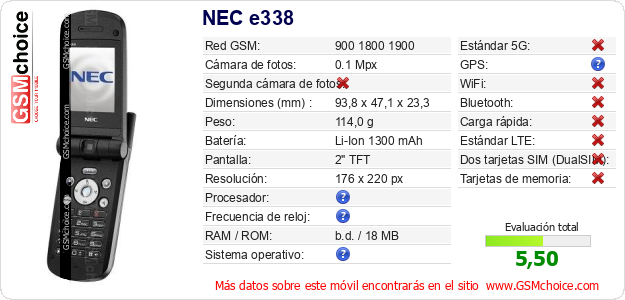 NEC e338 Datos técnicos del móvil 