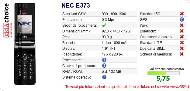 NEC E373 Dati tecnici di telefono cellulare 