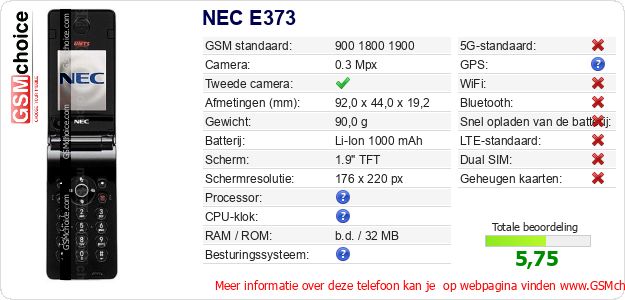 NEC E373 Technische gegevens NEC E373 Technische gegevens
