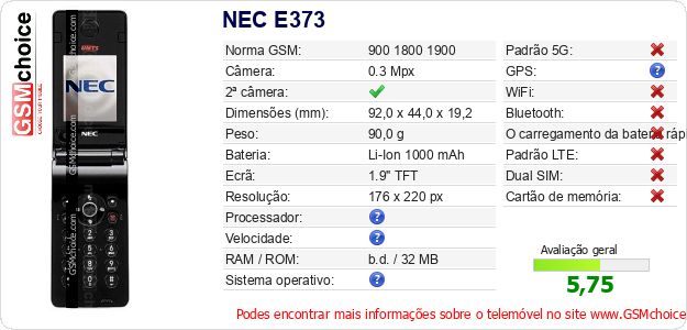 NEC E373 Especificações técnicas do telemóvel NEC E373 Especificações técnicas do telemóvel