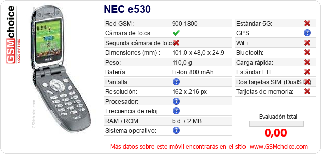 NEC e530 Datos técnicos del móvil NEC e530 Datos técnicos del móvil