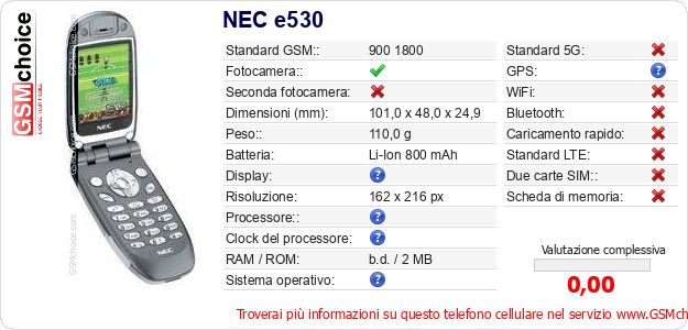 NEC e530 Dati tecnici di telefono cellulare NEC e530 Dati tecnici di telefono cellulare