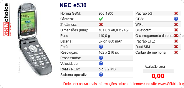 NEC e530 Especificações técnicas do telemóvel NEC e530 Especificações técnicas do telemóvel