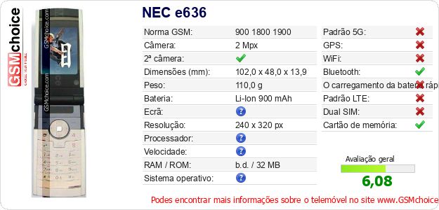 NEC e636 Especificações técnicas do telemóvel NEC e636 Especificações técnicas do telemóvel