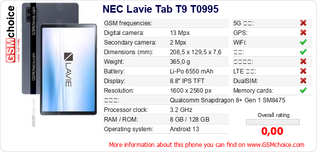 NEC Lavie Tab T9 T0995 手机技术数据