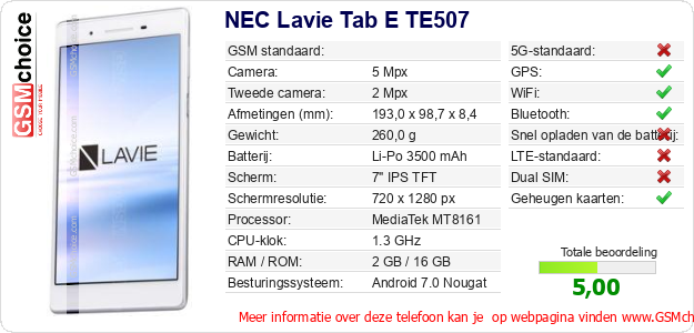 NEC Lavie Tab E TE507 Technische gegevens 
