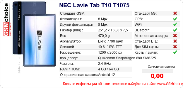 NEC Lavie Tab T10 T1075 Технические данные телефона NEC Lavie Tab T10 T1075 Технические данные телефона