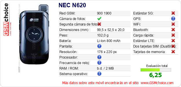 NEC N620 Datos técnicos del móvil NEC N620 Datos técnicos del móvil