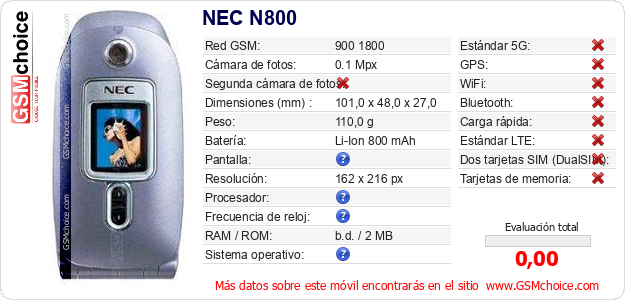 NEC N800 Datos técnicos del móvil NEC N800 Datos técnicos del móvil
