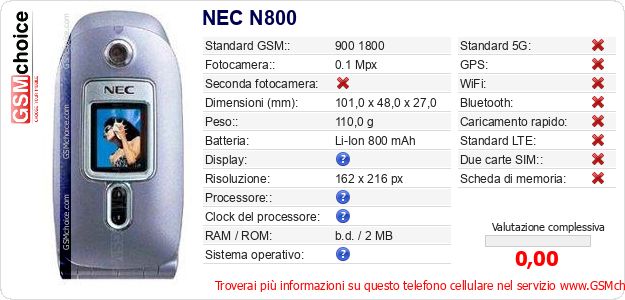 NEC N800 Dati tecnici di telefono cellulare NEC N800 Dati tecnici di telefono cellulare