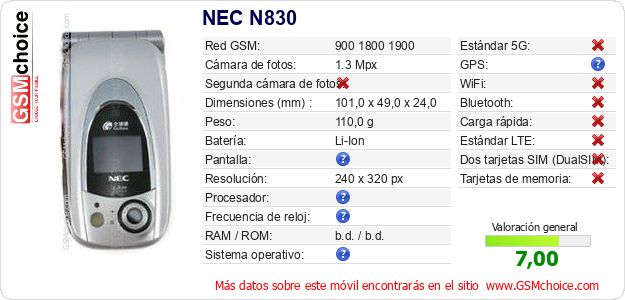 NEC N830 Datos técnicos del móvil NEC N830 Datos técnicos del móvil