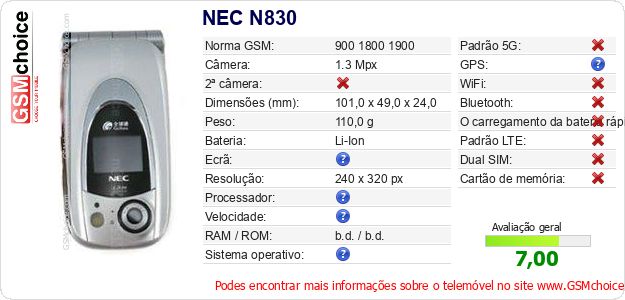 NEC N830 Especificações técnicas do telemóvel NEC N830 Especificações técnicas do telemóvel