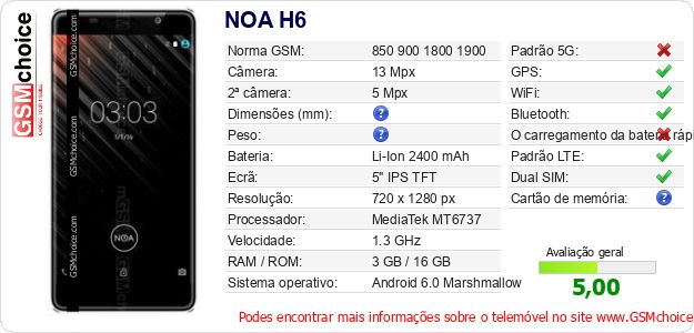 NOA H6 Especificações técnicas do telemóvel NOA H6 Especificações técnicas do telemóvel