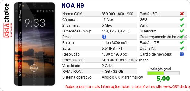 NOA H9 Especificações técnicas do telemóvel 