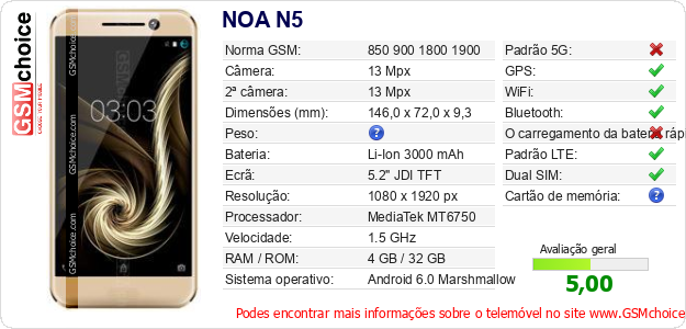 NOA N5 Especificações técnicas do telemóvel NOA N5 Especificações técnicas do telemóvel