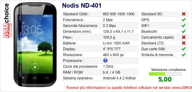 Nodis ND-401 Dati tecnici di telefono cellulare Nodis ND-401 Dati tecnici di telefono cellulare