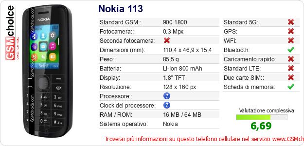 Nokia 113 Dati tecnici di telefono cellulare Nokia 113 Dati tecnici di telefono cellulare