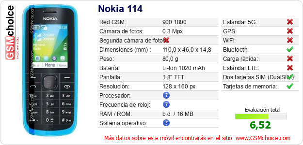 Nokia 114 Datos técnicos del móvil 