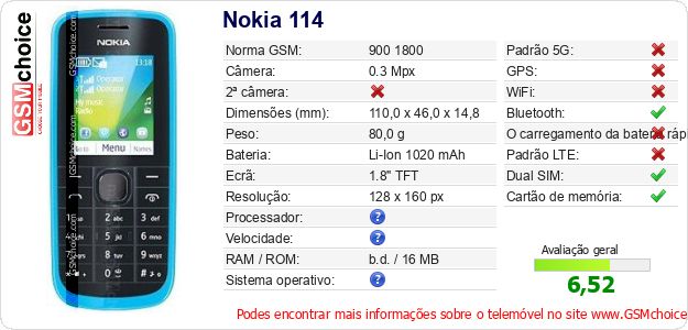 Nokia 114 Especificações técnicas do telemóvel Nokia 114 Especificações técnicas do telemóvel