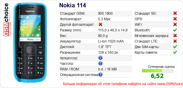 Nokia 114 Технические данные телефона  Nokia 114 Технические данные телефона