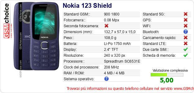 Nokia 123 Shield Dati tecnici di telefono cellulare Nokia 123 Shield Dati tecnici di telefono cellulare