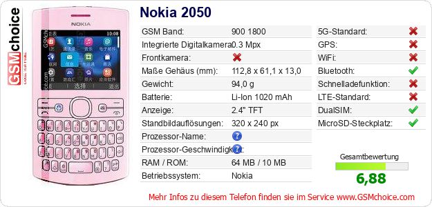 Nokia 2050 technische Daten Nokia 2050 technische Daten