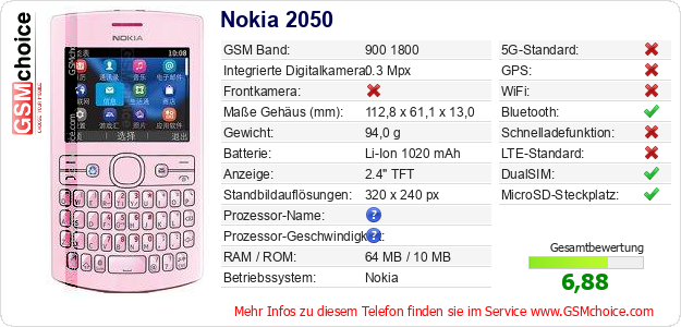 Nokia 2050 technische Daten Nokia 2050 technische Daten