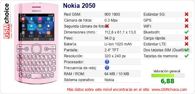 Nokia 2050 Datos técnicos del móvil 