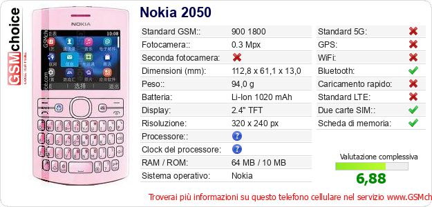 Nokia 2050 Dati tecnici di telefono cellulare 