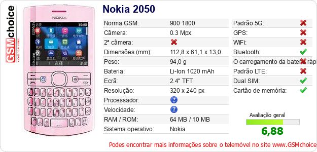 Nokia 2050 Especificações técnicas do telemóvel Nokia 2050 Especificações técnicas do telemóvel