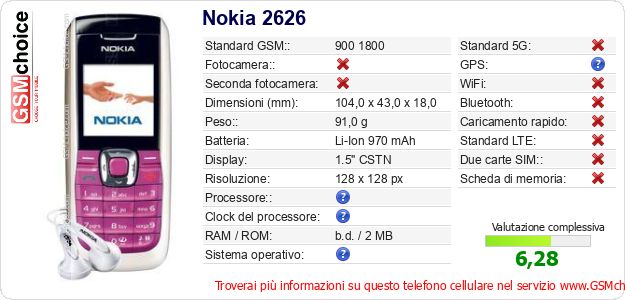 Nokia 2626 Dati tecnici di telefono cellulare 