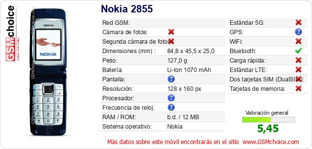Nokia 2855 Datos técnicos del móvil 
