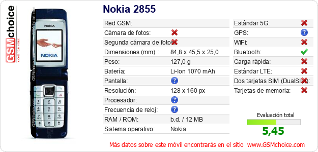Nokia 2855 Datos técnicos del móvil 